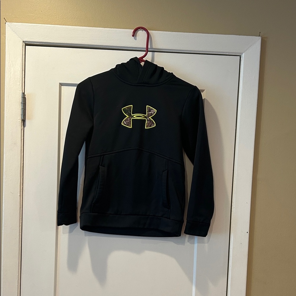 Under Armour Kids Black Hoodie with Neon and Camo Logo. Excellent condition.